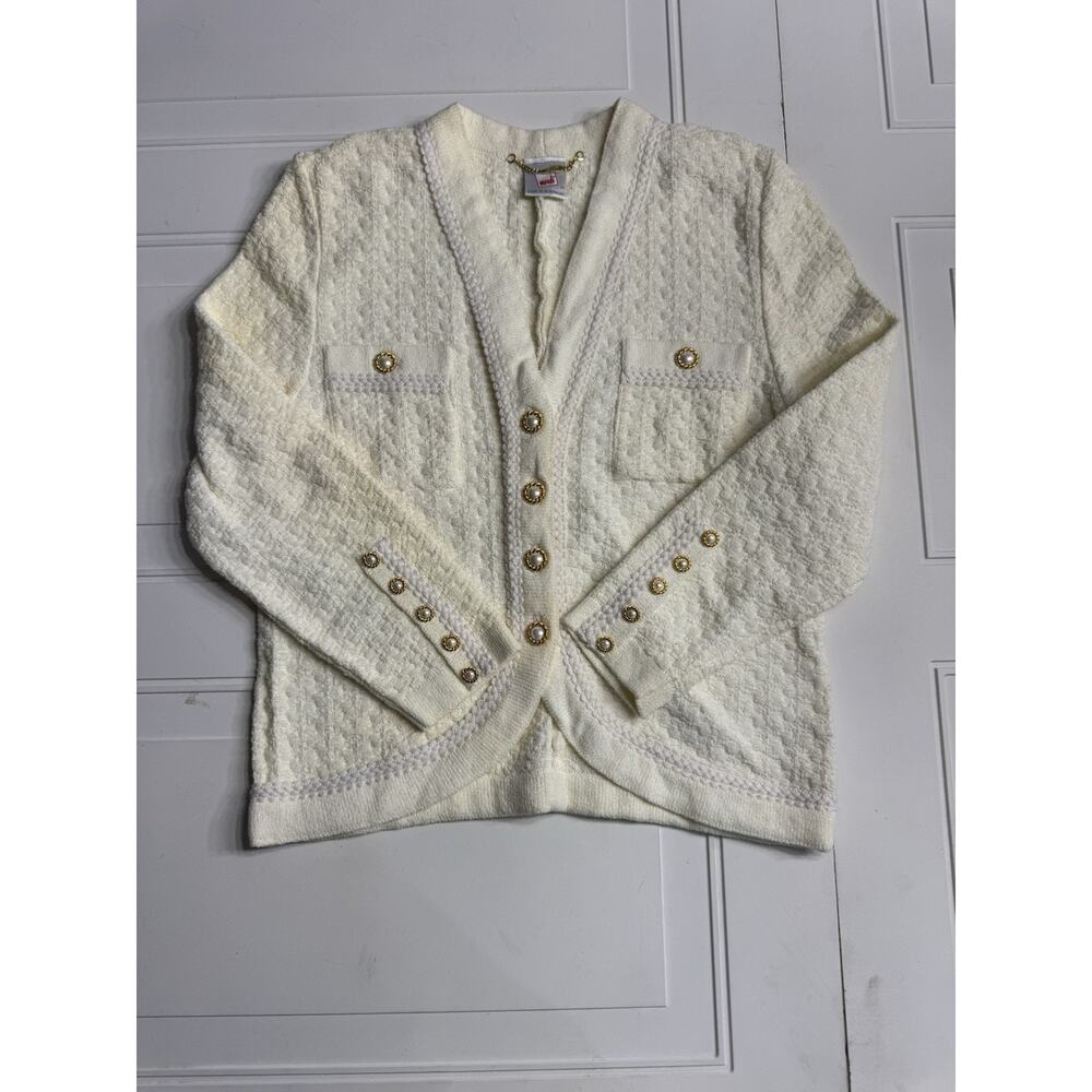 Vintage Mondi Women Ivory Cardigan Pearl Gold Buttons EU 44 Size US 14